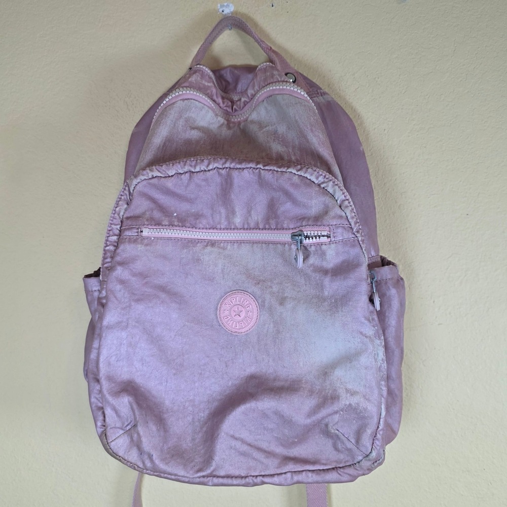 Kipling Seoul Backpack Metallic Pink Nylon Bag Distressed faded school laptop